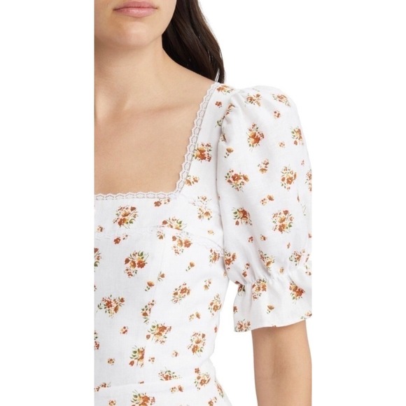 REFORMATION 100%‎ Linen Evianna Dress Size 12 White Orange Floral Mini - Picture 4 of 16